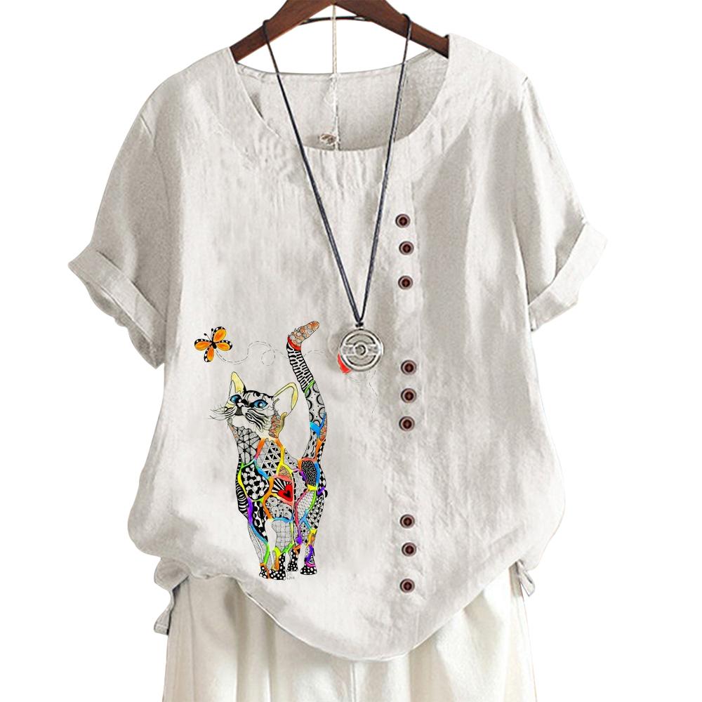 Women's Cotton Casual Top with 7 Unique Print Patterns, Round Neck, Short Sleeves, Button Embellishments