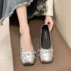 Французский нежный ветер одинарная обувь женская обувь весна 2025 новая квадратный носок неглубокий вырез бант удобные универсальные туфли-бини