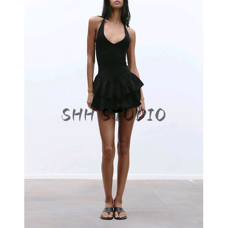 Spring and Summer Women Clothes Laminated Decorative Hem Patchwork Hanging Collar Fashion Sleeveless Short Dress 4174376