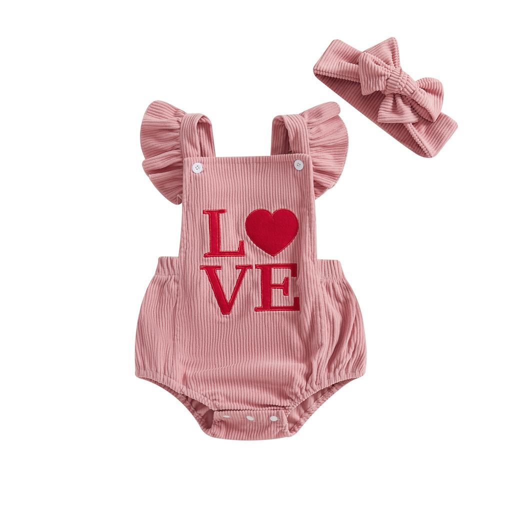Baby Girl Romper Overalls Casual Valentine's Day Letter Embroidery Jumpsuit and Headband Set Fashion Clothes Outfits