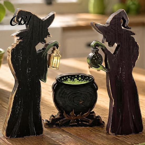 Retro Dark Style Table Decor 3Pcs Halloween Witch Cauldron Lantern Potion Bottle Decorations, Rustic Wooden Handcrafted Solid Wood Silhouette Tabletop