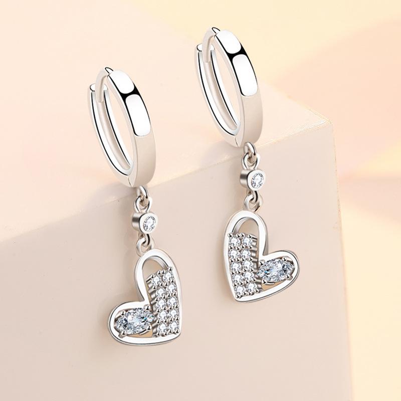 Delicate Solid 925 Sterling Silver White Heart-shaped Zircon Earrings for Women Promise Love Wedding Statement Bijoux Jewelry