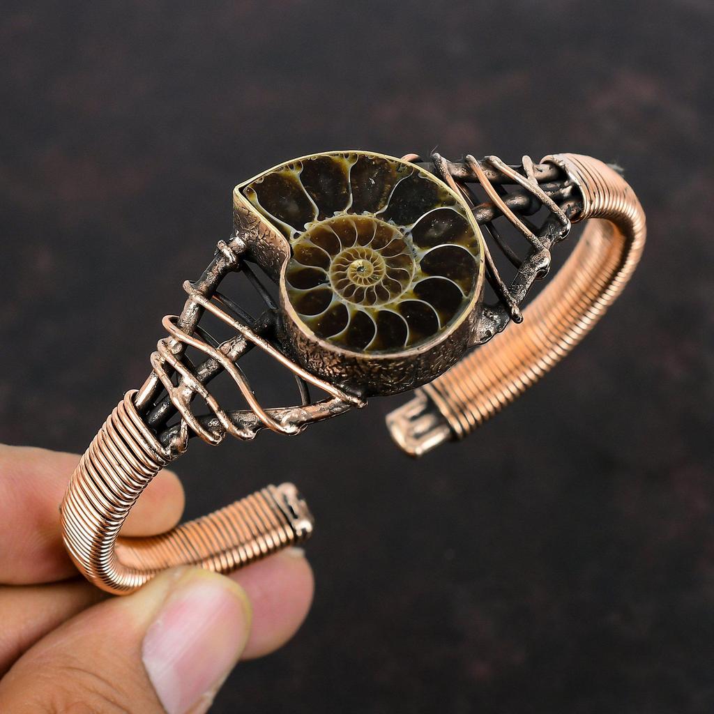 Ammonite Fossil Gemstone Cuff Bracelet Copper Wire Wrapped Bangle Adjustable Cuff Handmade Bangle Very Pretty Copper Jewelry Gifts For Women