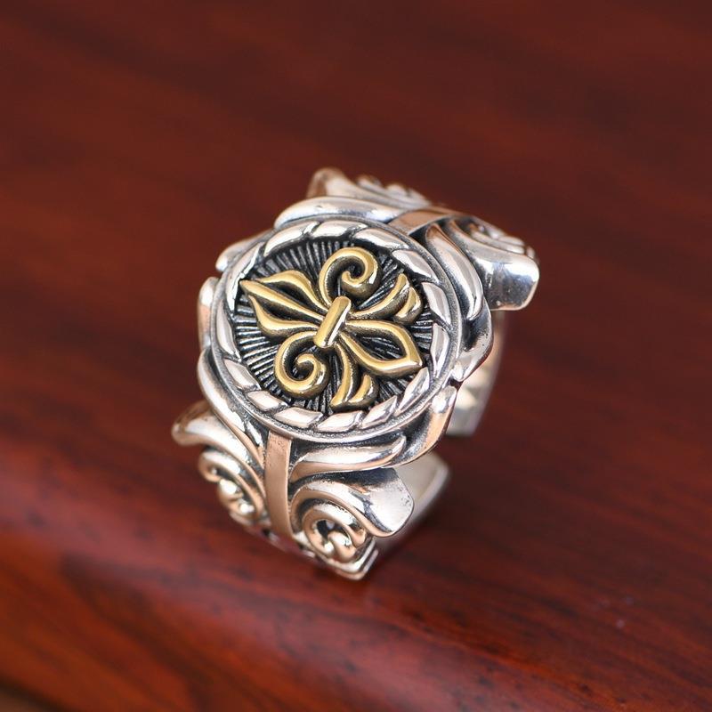 Vintage Smoky Gold Cross Flower Wide Band Men's Hip Hop Ring