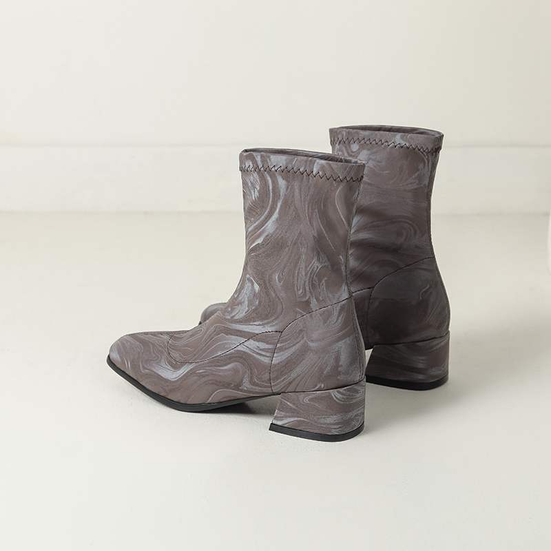 lenkisen PU Autumn Winter Shoes Thick Med Heels Printing Oriental Design Chelsea Boots Keep Warm Patterens Leather Ankle Boots