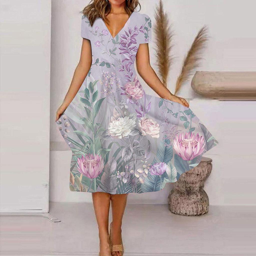Women's Summer Casual Floral Print Short Sleeve Swing Dress