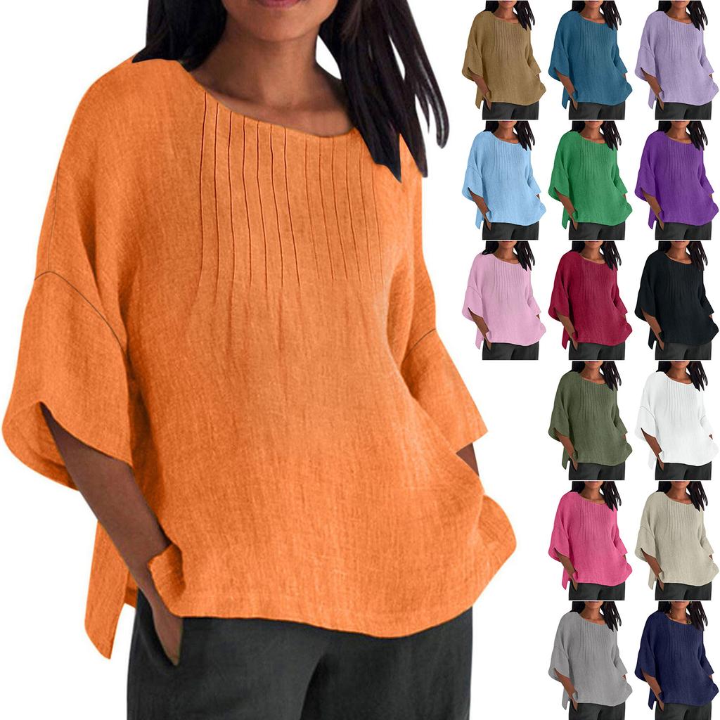 Women's Fashion Seven-Part Sleeve Pleated Round Neck Solid Colour Loose Casual Shirt Top