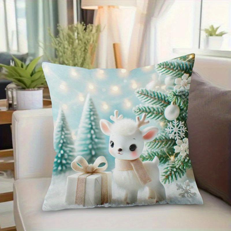 1pc Pillowcase, Christmas Cute Reindeer Plush, Festive Theme Print, Soft And Smooth Polyester Short Plush Fabric, Single-Sided Printed Pattern, 45Cm X