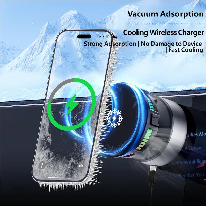 Cooling Wireless Car Charger Mount, 15W Fast Charging Vacuum Suction Magnetic Phone Holder Stand with 360° Rotation for Car