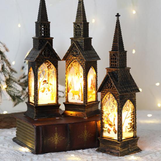 Christmas Glowing House Light Vintage Battery Operated Home Desktop Decoration Flameless Electronic Candle Lamp Night Light Party Supplies Gift