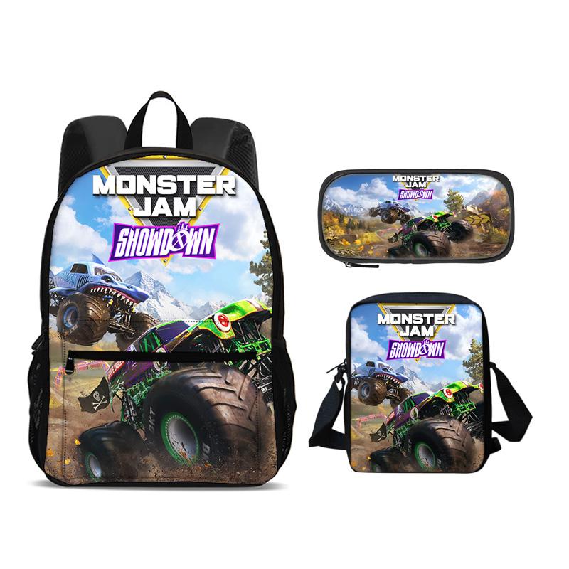 Рюкзак, Пенал, Сумка через плечо Monster Jam Набор из 3 предметов Большая вместимость Мультяшный принт Лучший подарок на день рождения для мальчиков и девочек