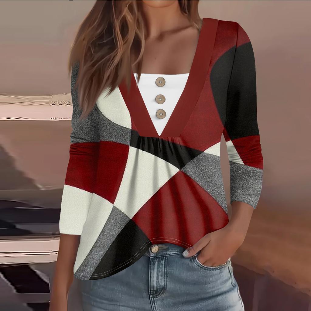 Women's Fashion Casual Long Sleeve Shirt Floral Printed Button V Neck Up Tops