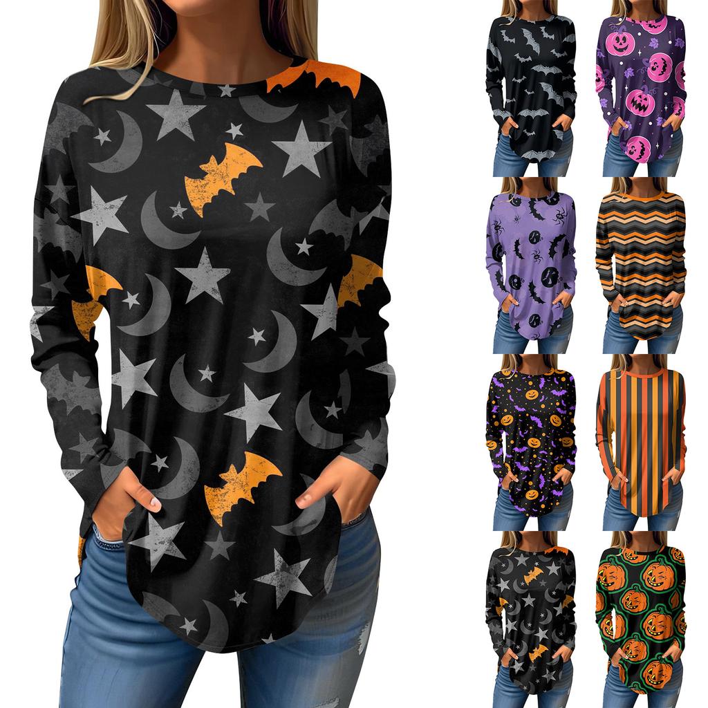 Tee Shirts For Women Fall Casual Long Sleeve Shirts Sweatshirt Halloween Printing Top Pullover