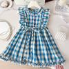 Girls' Princess Dress Plaid Vest Dress, Children's Flying Sleeve Dress, Summer Casual Girls' Dress