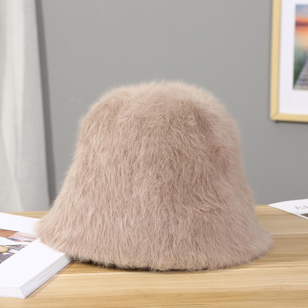 Autumn Winter Big Head Circumference Rabbit Hair Bucket Knitted Hat Women's Korean Velvet Basin Hats Warm Caps