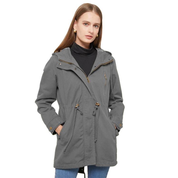 Plus Size Cotton Hooded Trench Coat Women Loose Solid Color Outerwear Spring Autumn New