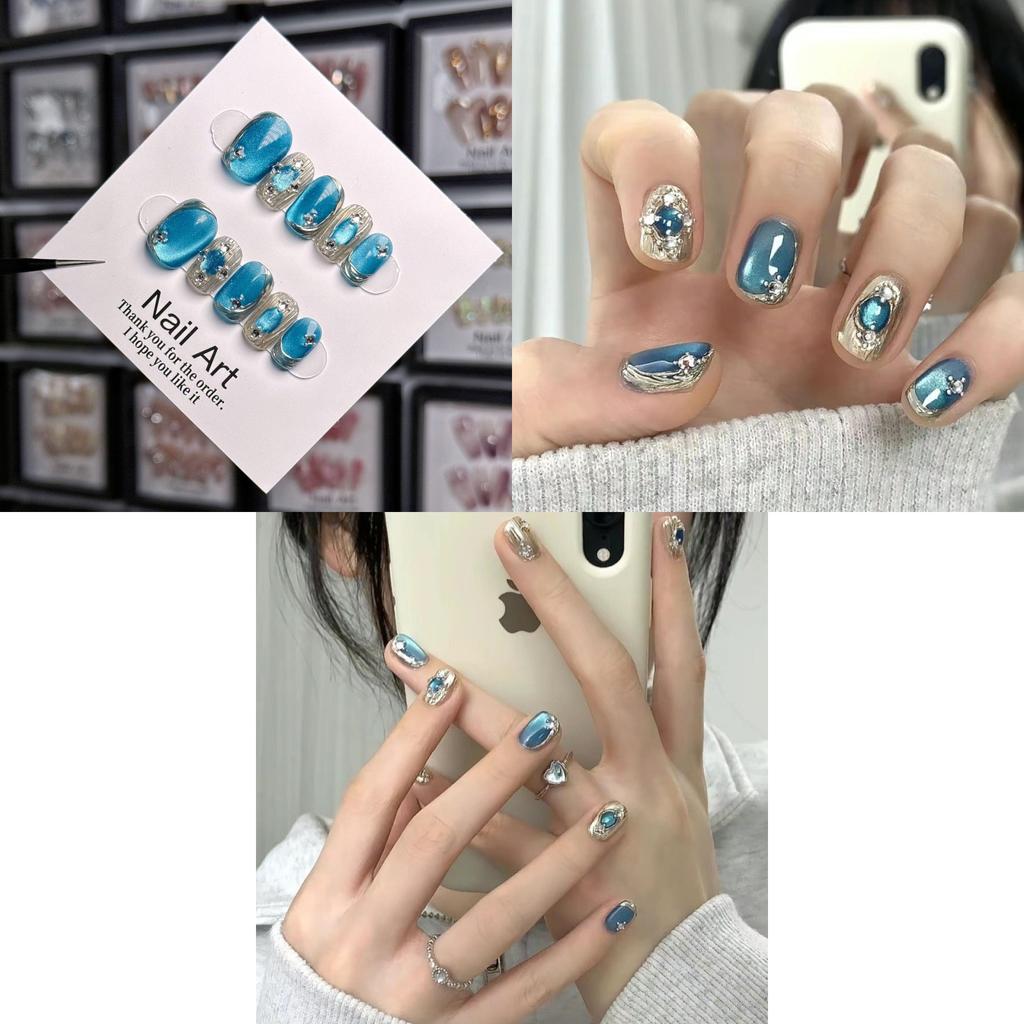 Blue Island Handmade Adhesive Cat Eye Short Nail Sticker Wearable Nail Art