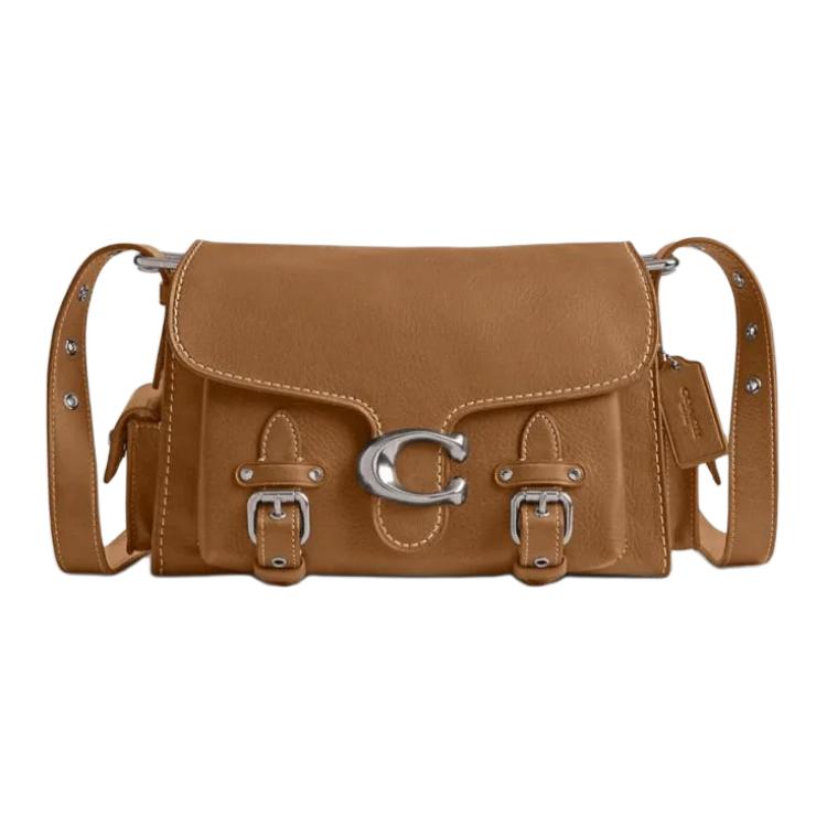 Coach Tan Pebbled Leather C Logo Buckle Flap Shoulder Bag for Daily Use