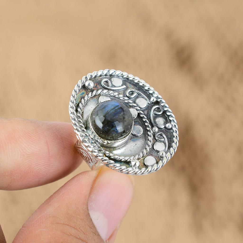 Sterling Silver Round Natural Labradorite Unique Multi Stone Trendy Ring Jewelry