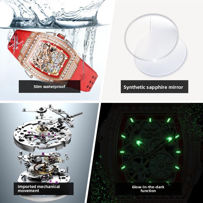 OUPINKE Часы, Скелетонизированные Прямоугольные Силиконовые Автоматические Механические Резиновые Водонепроницаемые Женские Часы