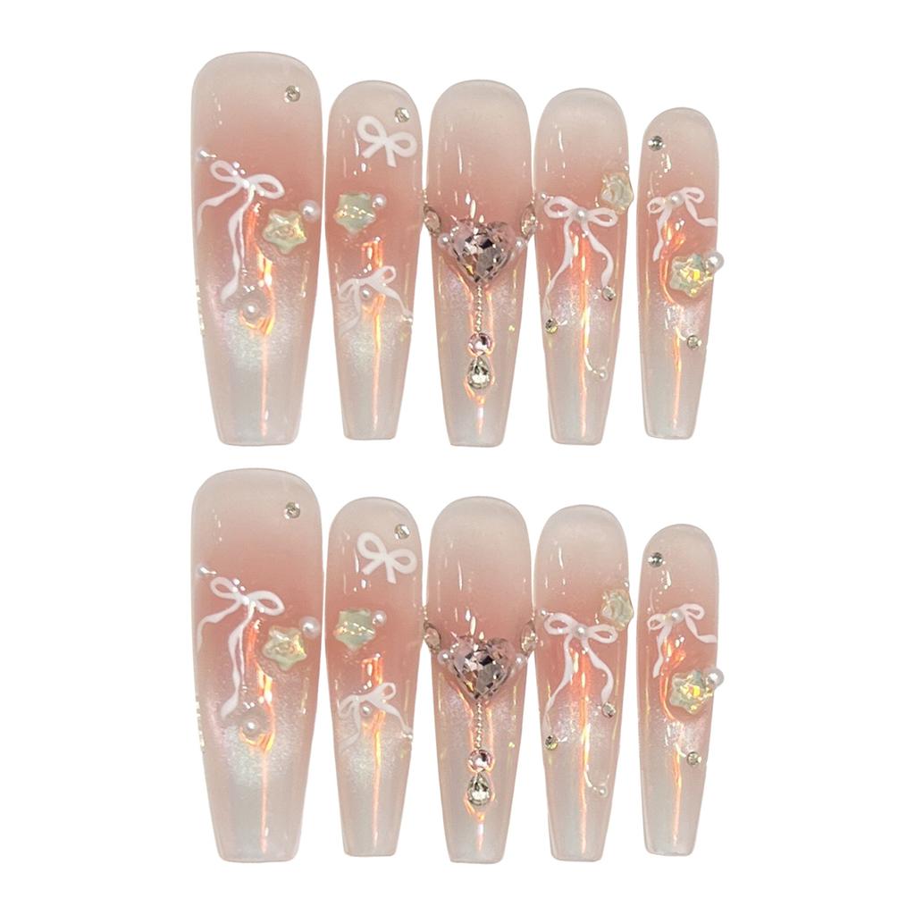 Butterfly Knots Press on Nails Rhinestone Glitter Pearl DIY Artificial Nails French Style Design Fake Nails