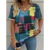 Summer Plaid Women's V-neck T-shirt Outdoor Casual Short-sleeved Top