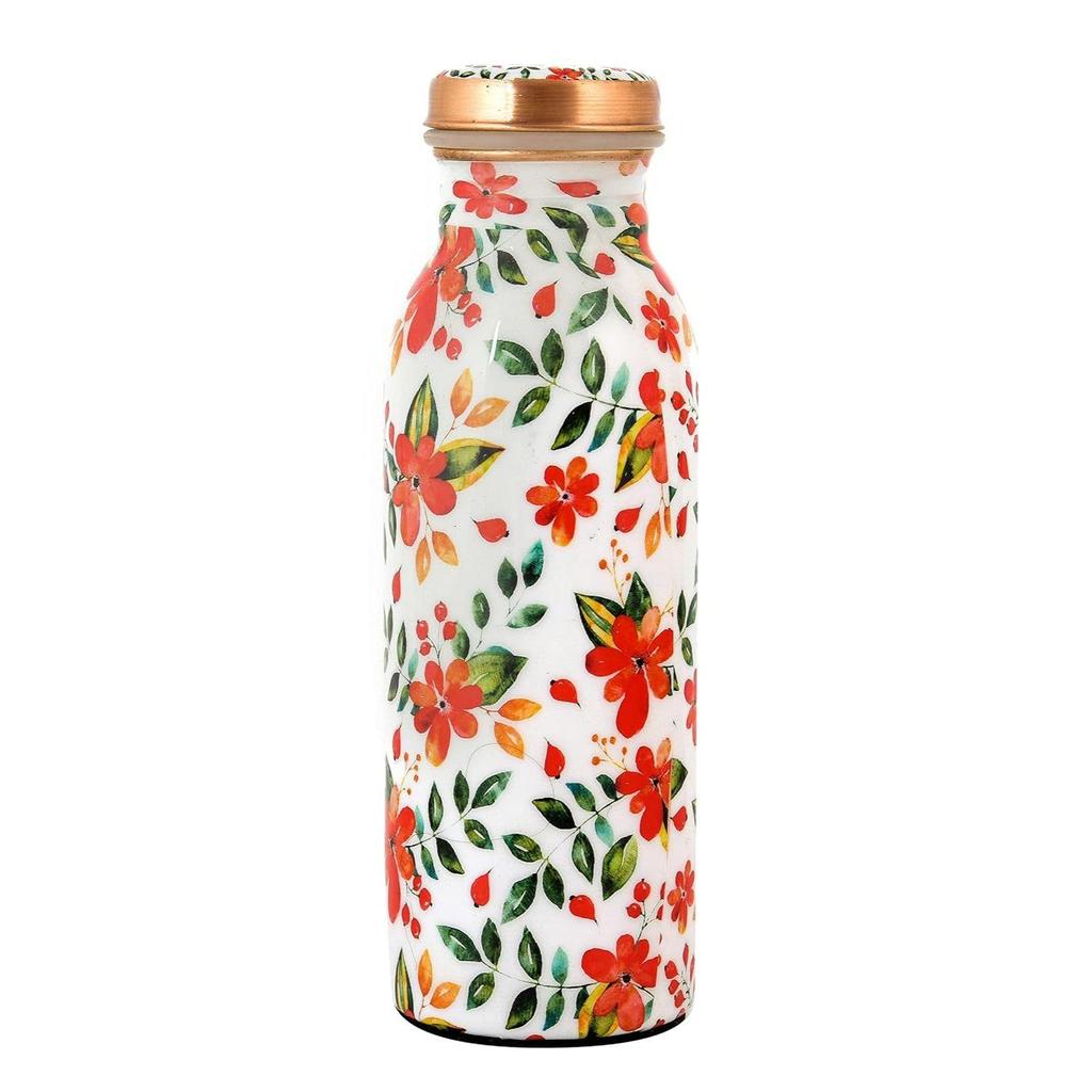 Flower Printed Pure Copper Water Bottle, Durable & Rust Free Copper Vessel, Anti-Oxidant Material, Ideal for Home and Office Purpose - 500 Ml