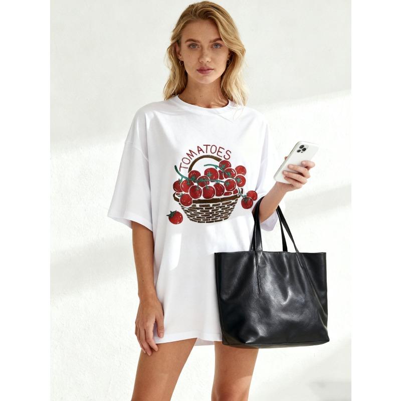Футболка оверсайз с принтом корзины с черными помидорами для повседневной носки
