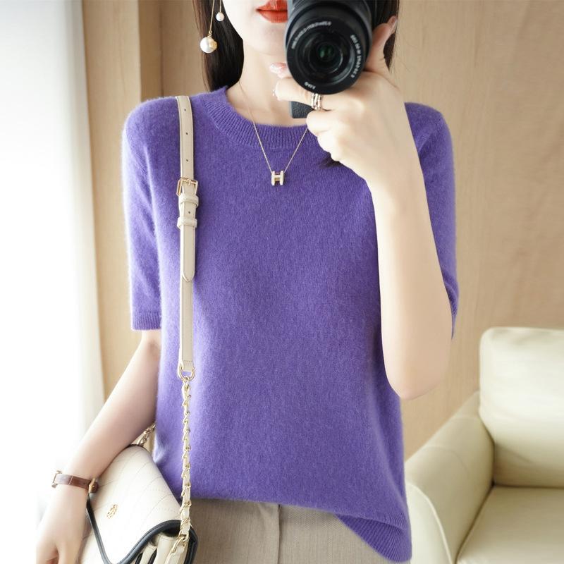 INDFS Women's Fashion Casual Summer Spring Solid Color Print Short Sleeve O-Neck Blouses & Shirts