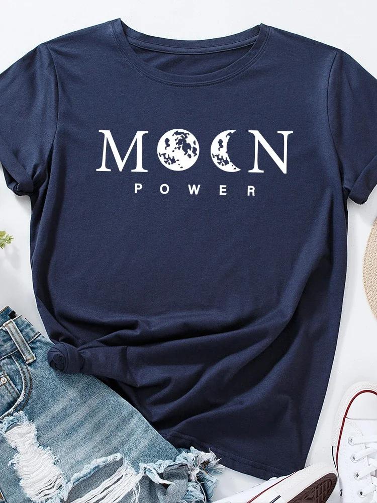 Футболка с принтом Moon Power, женская, с коротким рукавом, с круглым вырезом, свободная, летняя, женская, повседневная, футболка, топы, Camisetas Mujer