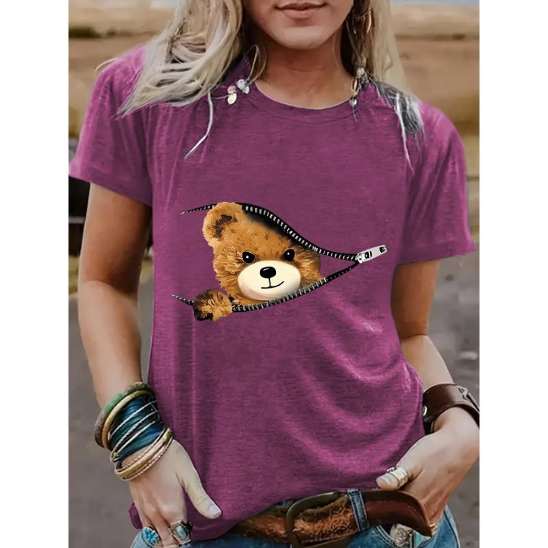 Свободная футболка с коротким рукавом и круглым вырезом с принтом «Медведь на молнии» для женщин