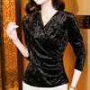 Plus Size Gold Velvet V-Neck Long Sleeve Shirt - Women's Autumn/Winter 2025 Collection