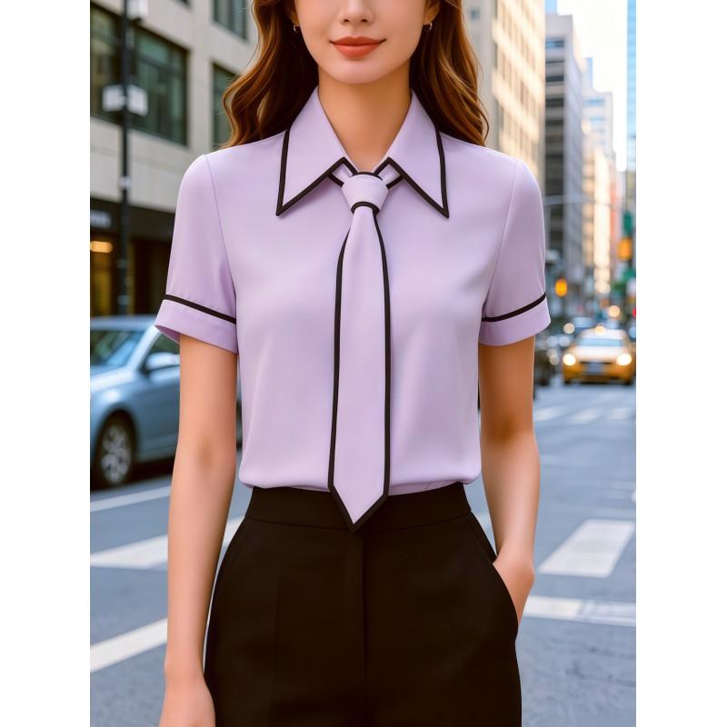 2026 Womens Solid Color V-Neck Short Sleeve Blouse Office Chic Casual Shirt