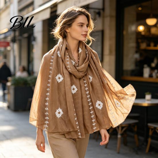 Lightweight Gauze Scarf Solid Color Embroidered Shawl for Women, Soft with Floral Elegant Commuting Vine Texture, 180x90cm Breathable Wrap Spring