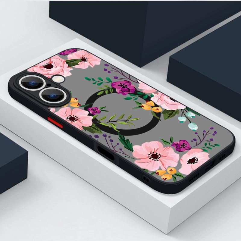 Colorful Flower Magnetic Case For iPhone 16 15 14 Pro Max 13 12 Pro 11 For Magsafe Wireless Charge Soft Edge Acrylic Phone Cover