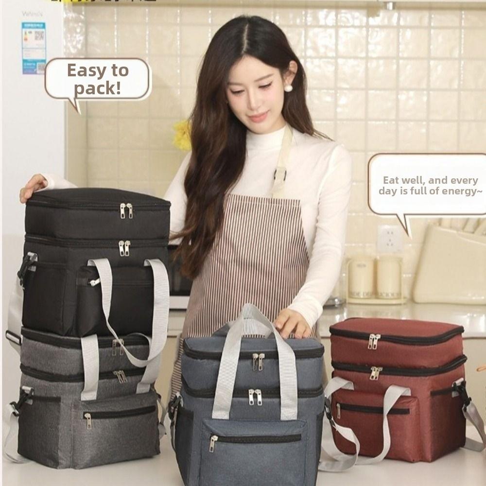 Double Layer Picnic Bag with Shoulder Strap Thermal Lunch Pouch Travel Picnic