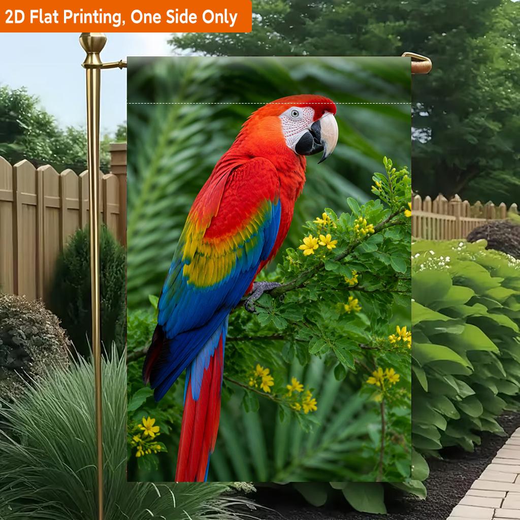 2D Flat, 2D Flat Printing Garden Flag 1pc, Colorful Parrot Perching On Branch Durable Single-Sided Print Yard Flag, Garden & Home Holiday Decoration,