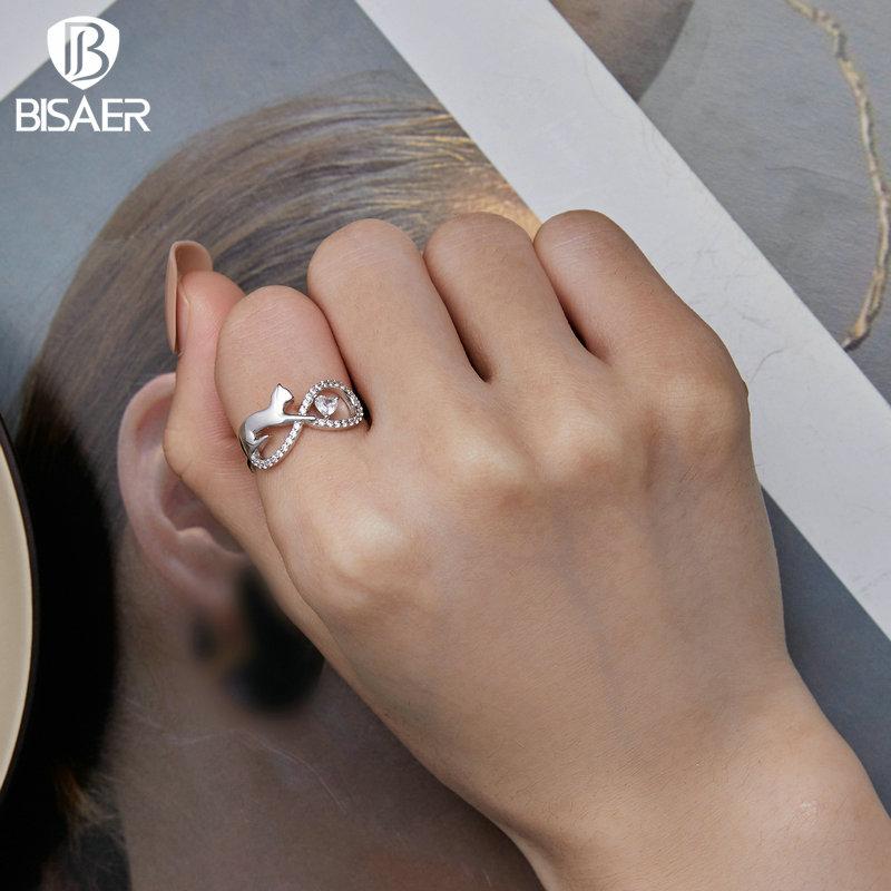 Bisaer Кольцо из стерлингового серебра 925 пробы с милым котом, обещание, бесконечное сердце, циркон, кольцо с домашним животным, платиновое ювелирное изделие для женщин