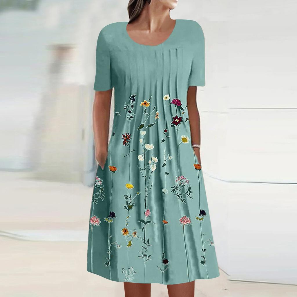 Женское летнее повседневное модное свободное платье с круглым вырезом и коротким рукавом с принтом