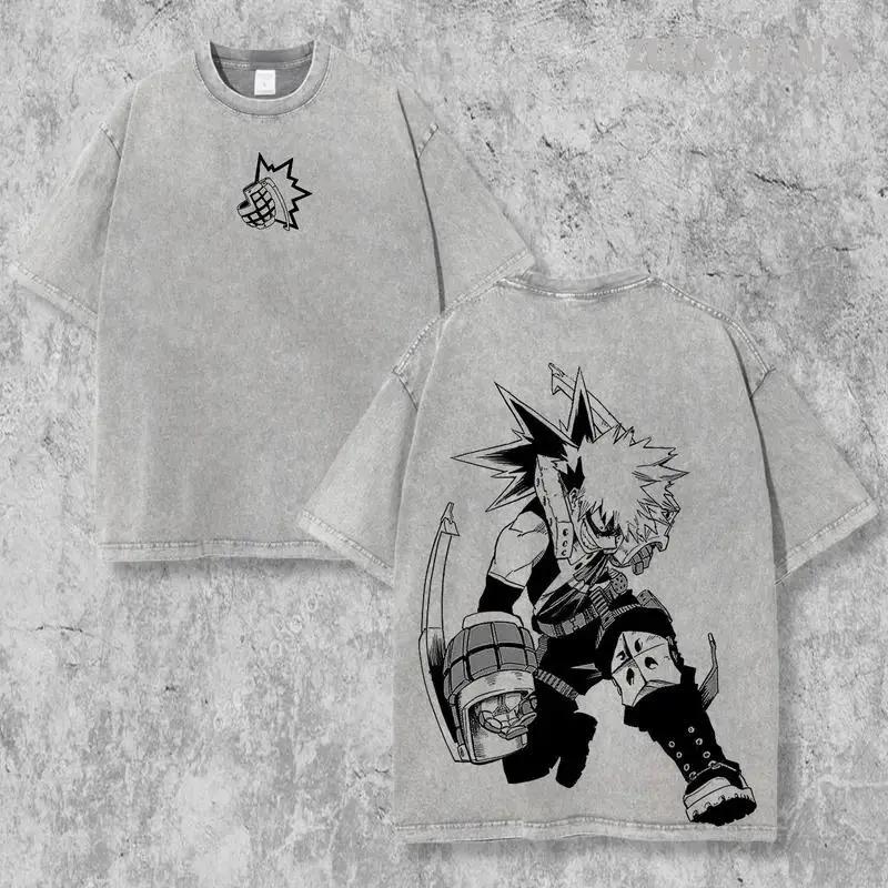 Anime My Hero Academia Katsuki Bakugo Print T-shirt Men Women Short Sleeve Clothing Cotton Tshirt Retro Washed T Shirt Manga Top