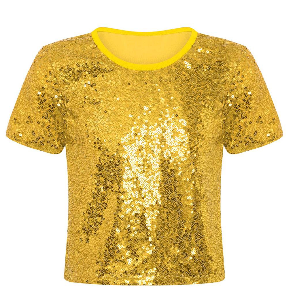 Girls Sparkling Sequin Crop Top Round Neck and Short Sleeves for Hip Hop Dance Costume