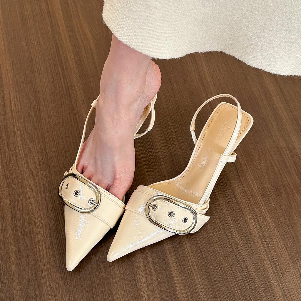 Stylish! Pointed Belt Buckle Shallow Mouth High Heels Women's 2024 Spring and Summer Thin Heel Cool Slippers