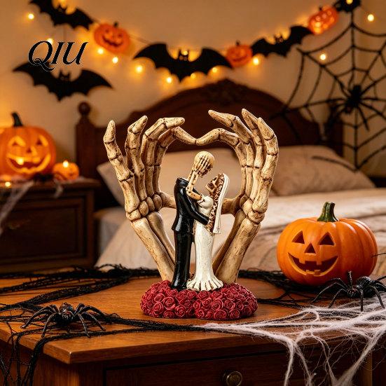 Skeleton Couple Resin Art And Hand Ornament, with Rose Base, Durable Hands Heart Ornament Gothic Skull Wedding Decor, for Halloween