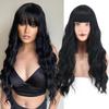 Women Long Water Wave Wigs with Blunt Bangs Synthetic High Temperature Fiber Wigs Daily Party Cosplay Use