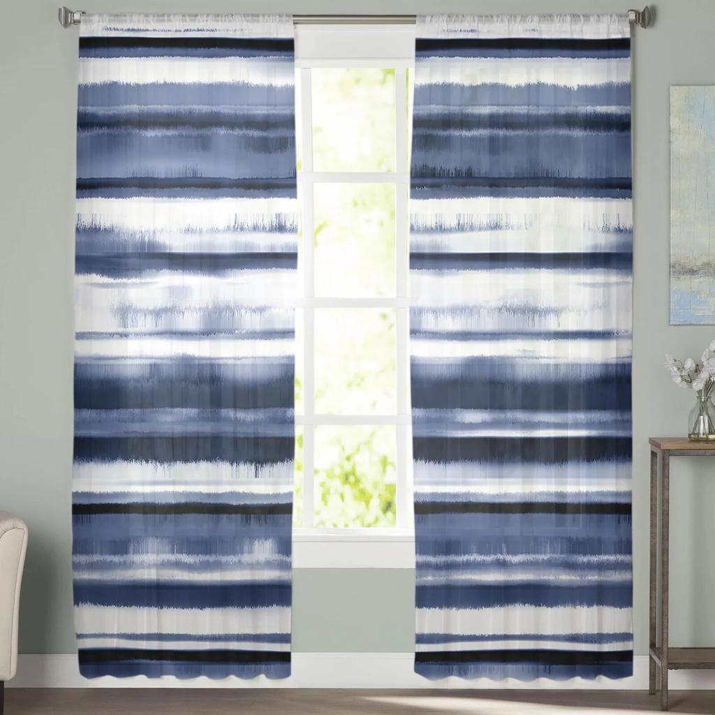 Watercolor Stripes Abstract Gradient Blue Bedroom Transparent Sheer Curtains Holiday Decoration Window Voile Tulle Curtain