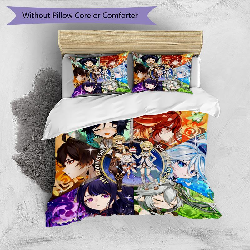 3pcs Duvet Cover Set (1*Duvet Cover + 2*Pillowcase, Without Core), Genshin Impact Print Bedding Set, Bedroom Decor, All‑Season, Birthday Gift