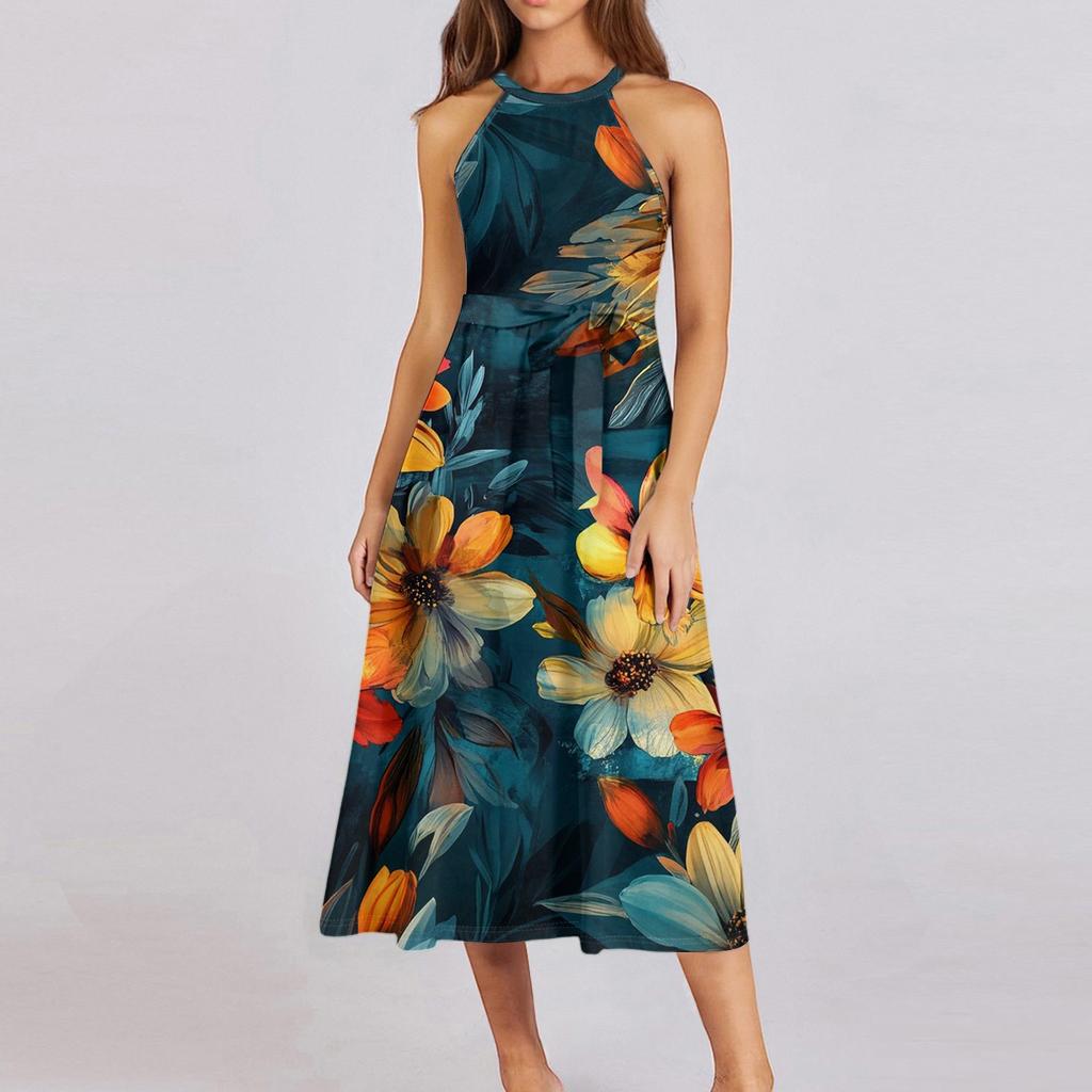 Женское повседневное платье миди с круглым вырезом, классическое, повседневное, без рукавов, свободное платье в стиле бохо с завязками, летний пляжный сарафан