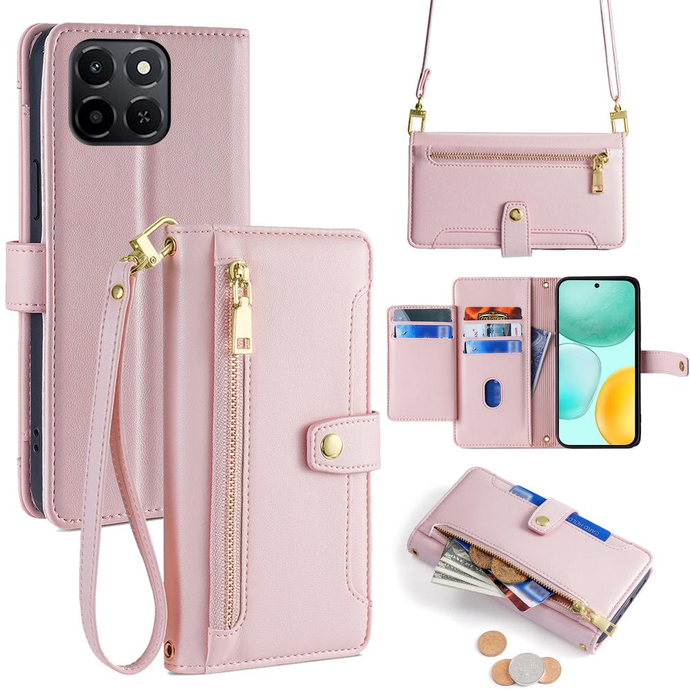 For Honor X6c 4G Leather Case Zipper Pocket Wallet Phone Cover with 2 Straps