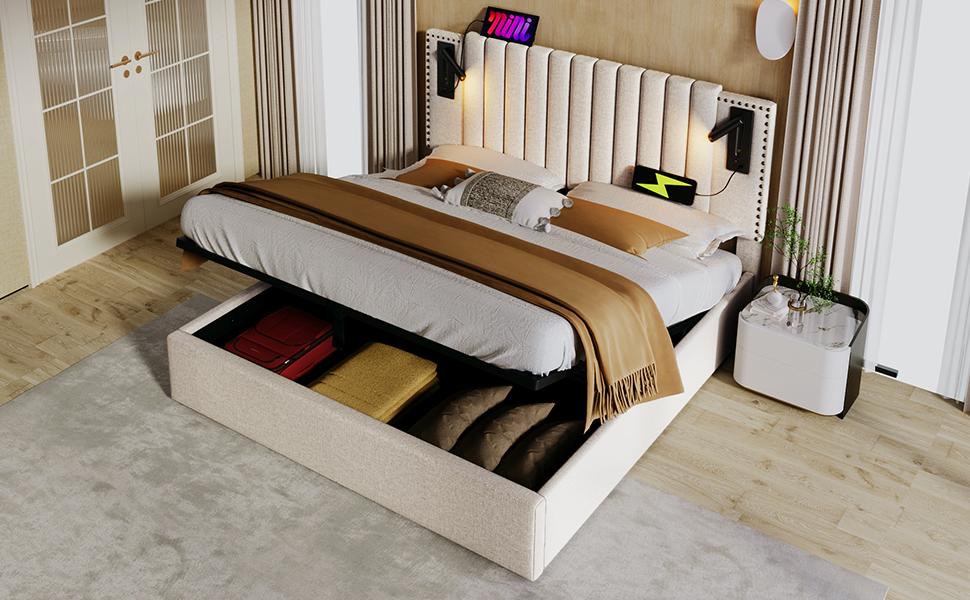 Upholstered bed 160x200, storage drawer, reading light with USB charging headboard, rivet design, with slatted frame, cotton, beige (with mattress)