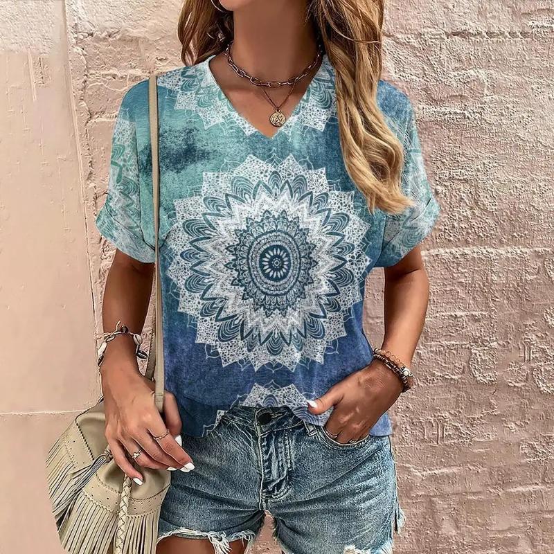 Женская футболка Boho Harajuku с графическим принтом, летние повседневные топы с коротким рукавом, уличная мода, футболка с V-образным вырезом, женская одежда, футболки женские